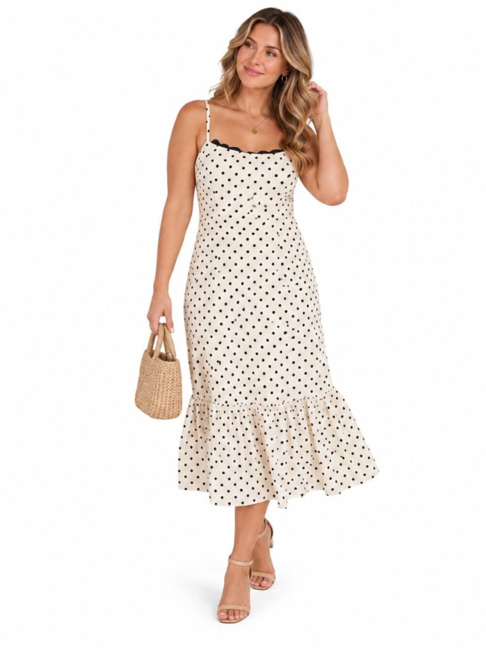 SundayUp Womens L Cream Black Polka Dot Midi Dress Smocked Ruffle Hem